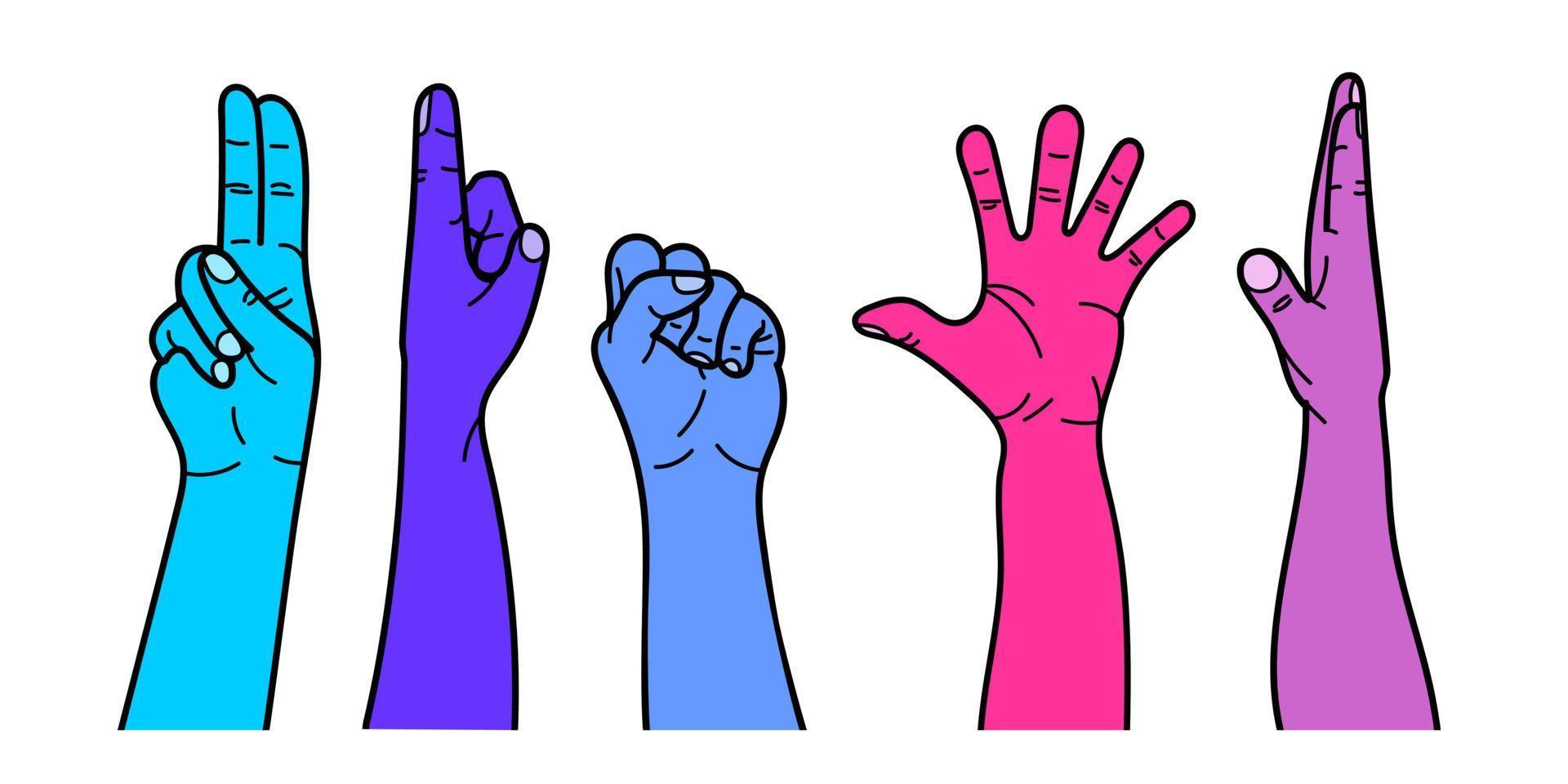 Hands with different gestures and different colors of the net. For use on textiles, packaging paper, souvenirs, printing, posters, postcards. vector