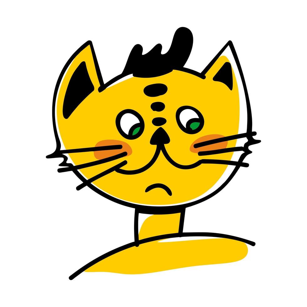 The face of a cheerful ginger cat in the doodle style. A cheerful thoughtful funny kitten. vector