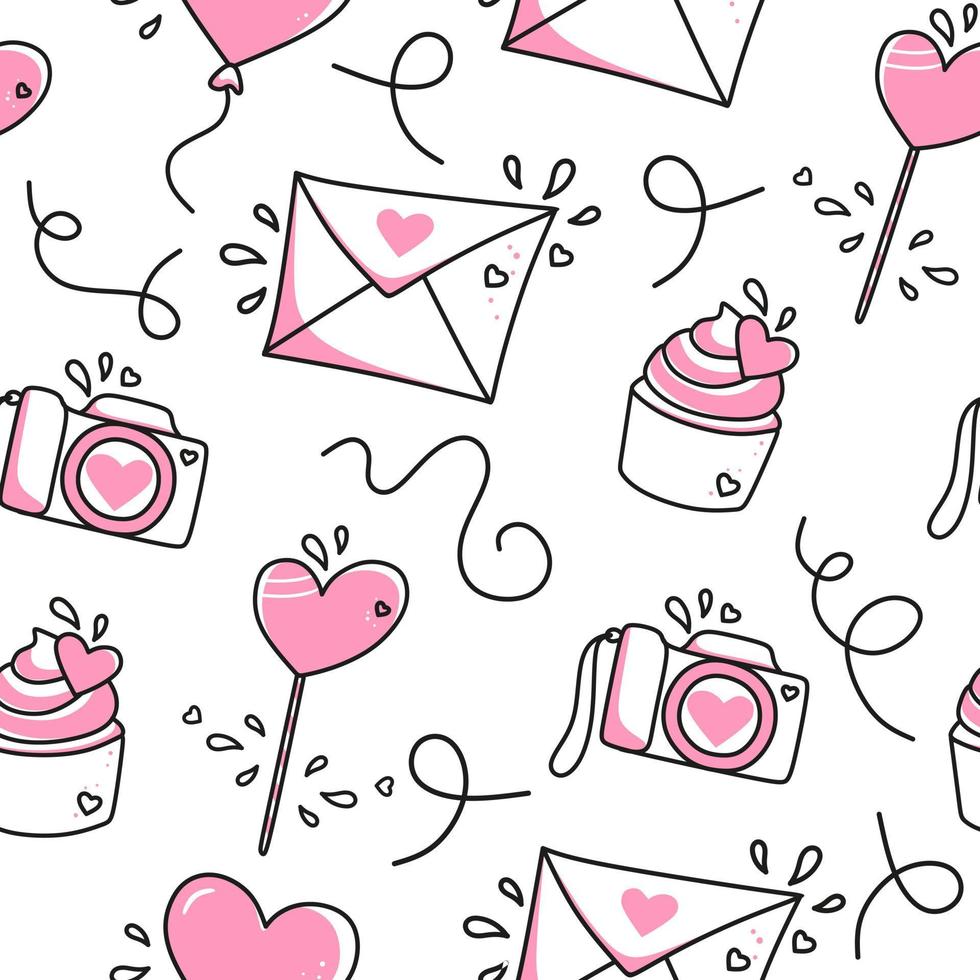 Seamless pattern of cakes valentines lollipops cameras and hearts on a white background. Use on Valentines Day on textiles, wrapping paper, backgrounds, souvenirs. Vector illustration