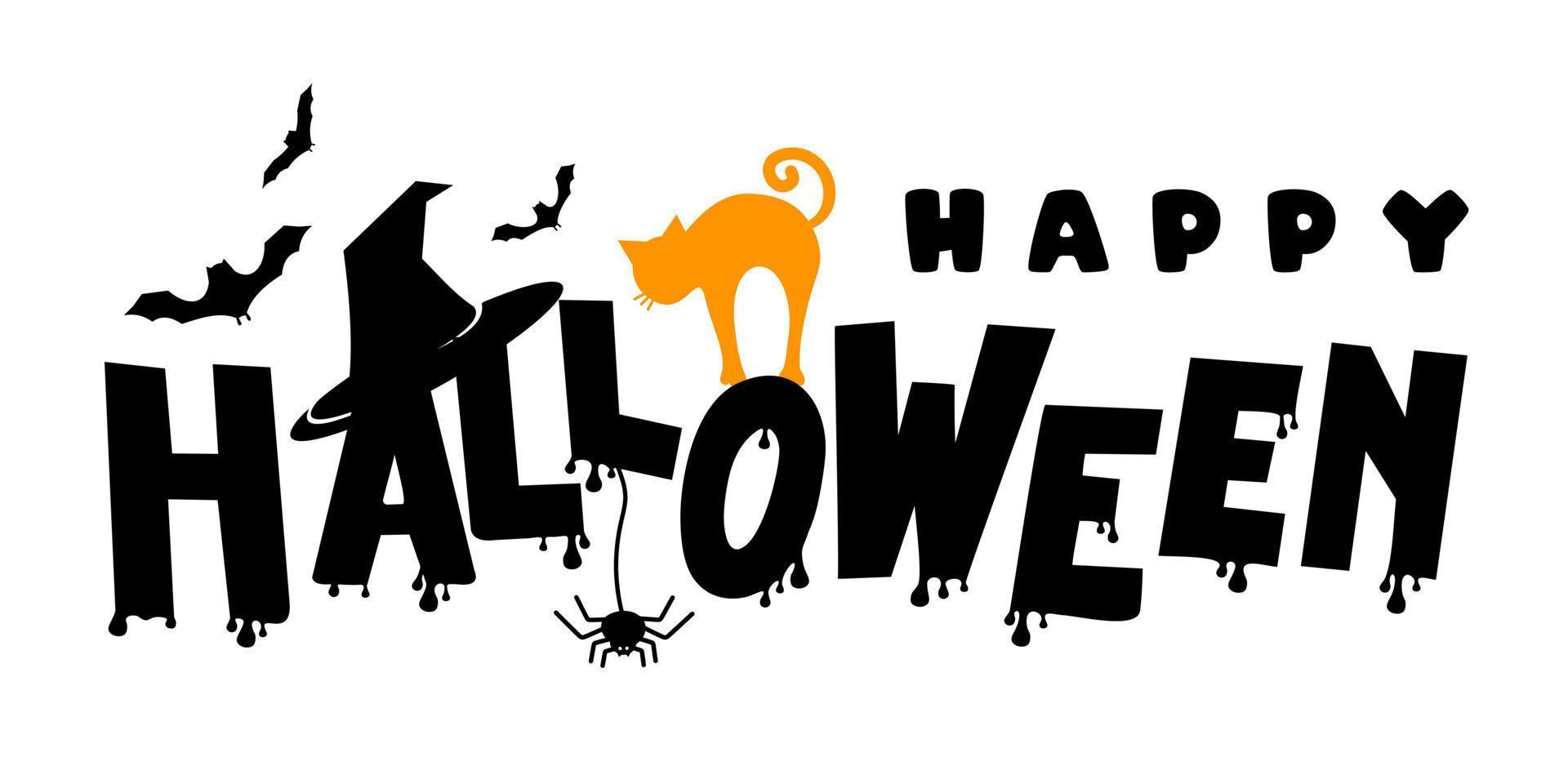 Halloween. A poster for the celebration of Halloween with ghosts, pumpkins, a black cat and bats on a white background. For use in web design, postcards, posters, printing. Vector illustration.