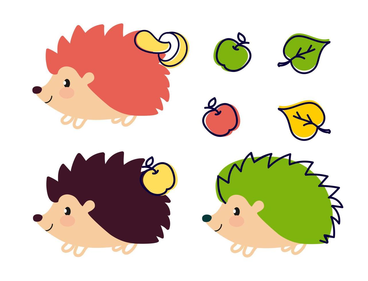 Hedgehog set is cheerful on a white background with an apple, a leaf. For use in printing on fabric postcards, posters. Vector illustration