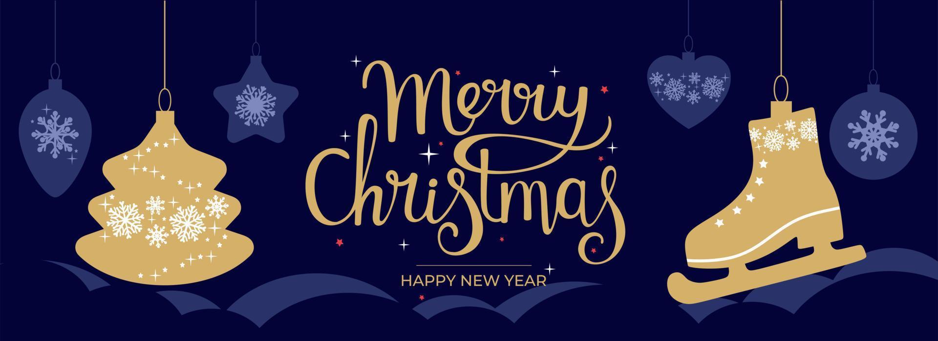 Christmas and New Year. Modern universal art templates. Christmas corporate greeting cards and invitations. Golden lettering on a dark blue background with snowflakes and Christmas tree toys. vector