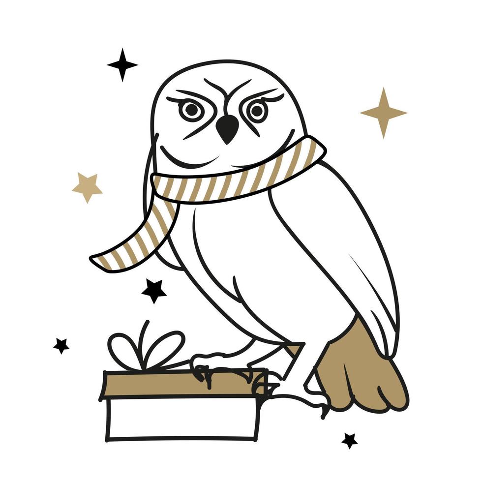 The Christmas character is an owl in black and gold. vector