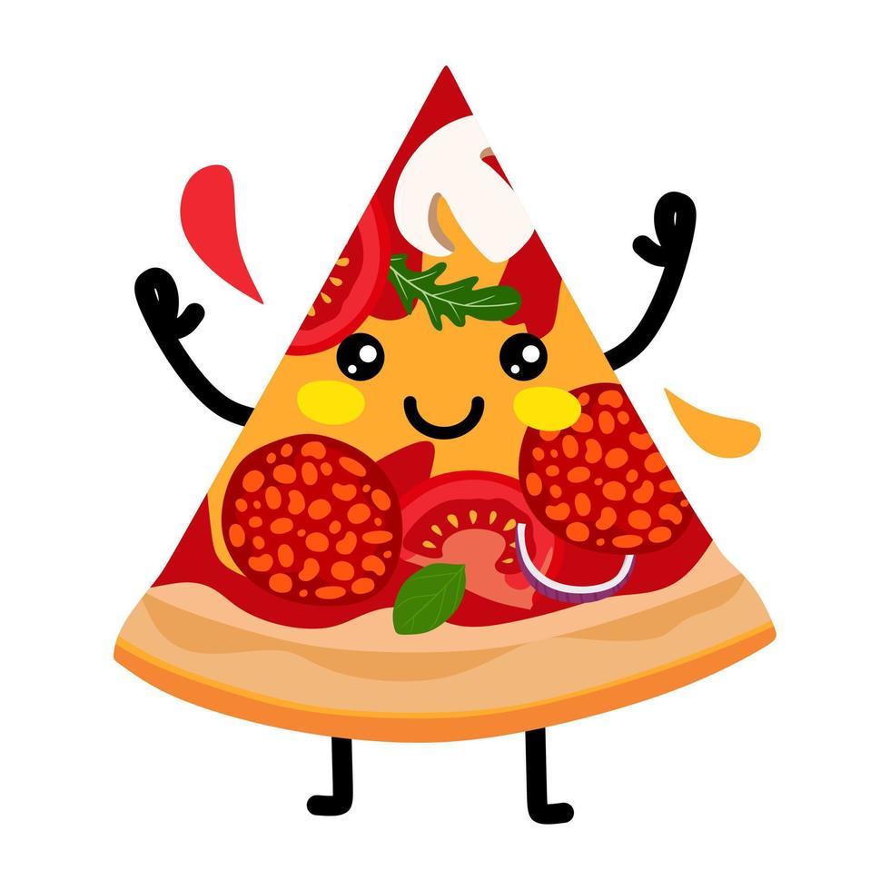 A slice of pizza character with salami onions tomatoes and olives. Vector illustration. A concept for stickers, posters, postcards, websites and mobile applications.