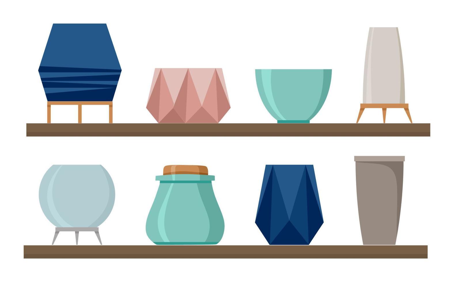 Ceramic tableware on the shelf set. Vector illustration