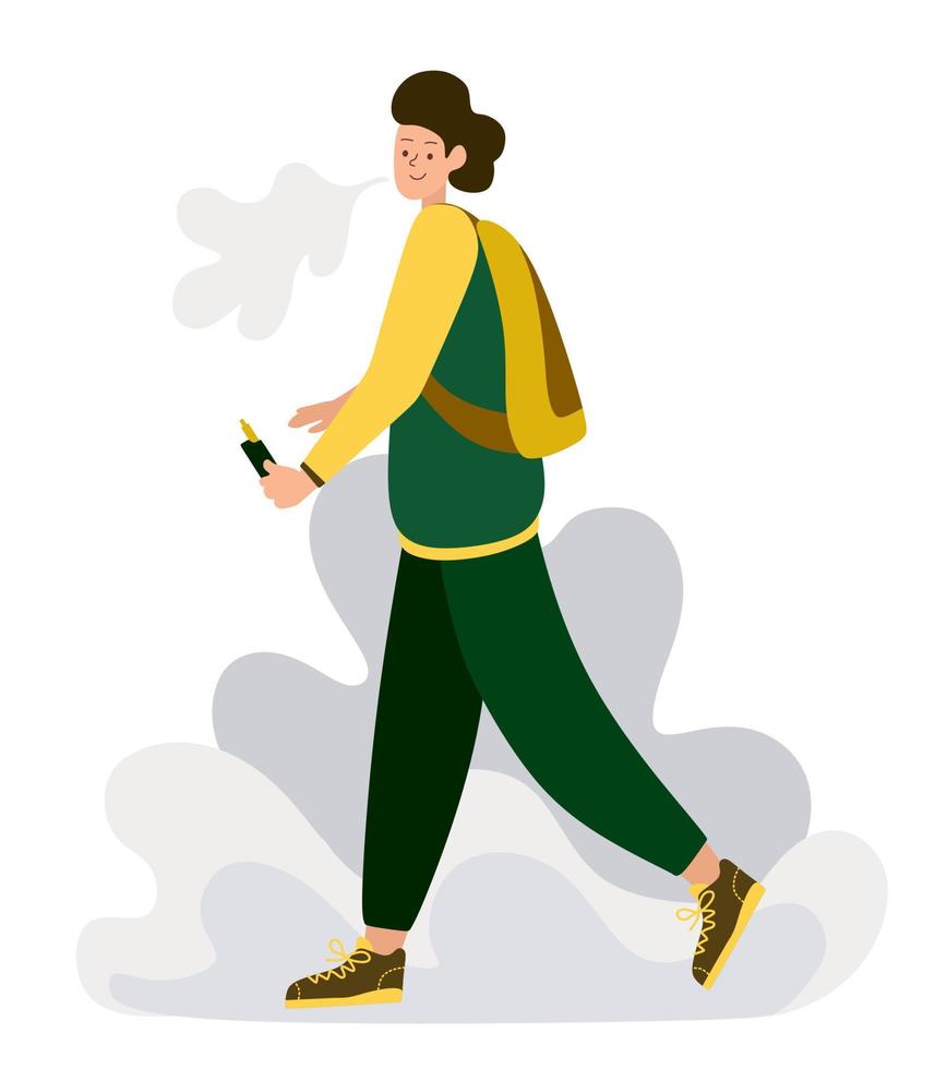 Vaping. A person with a steam vaporizer hookah device. Nicotine consumption with a vape cigarette as a modern addiction. Vector illustration.