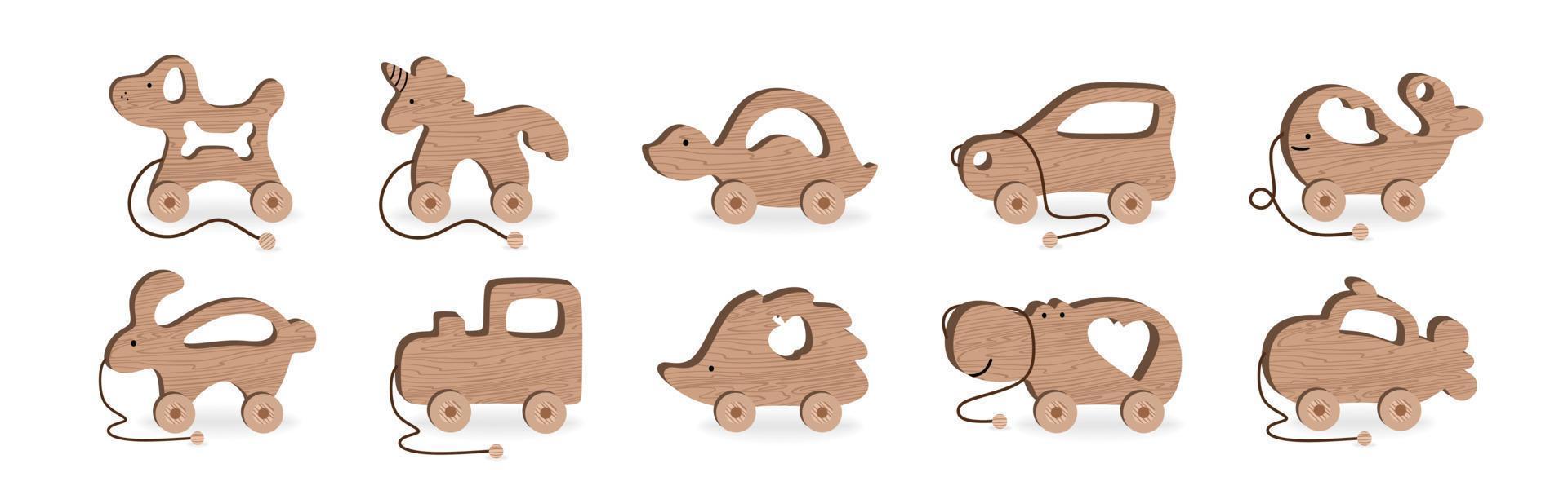 Children's toys for Children's Games and Entertainment set Wooden Hedgehog machine Hippo Whale Submarine Turtle Vector Illustration