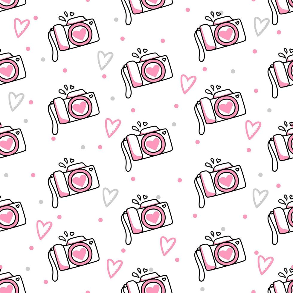 Seamless pattern of cameras and hearts on a white background. Use on Valentines Day on textiles, wrapping paper, backgrounds, souvenirs. Vector illustration