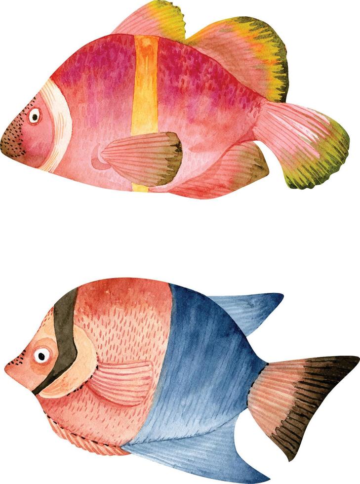 Set of red and blue fishes, hand painted watercolor illustrations. vector