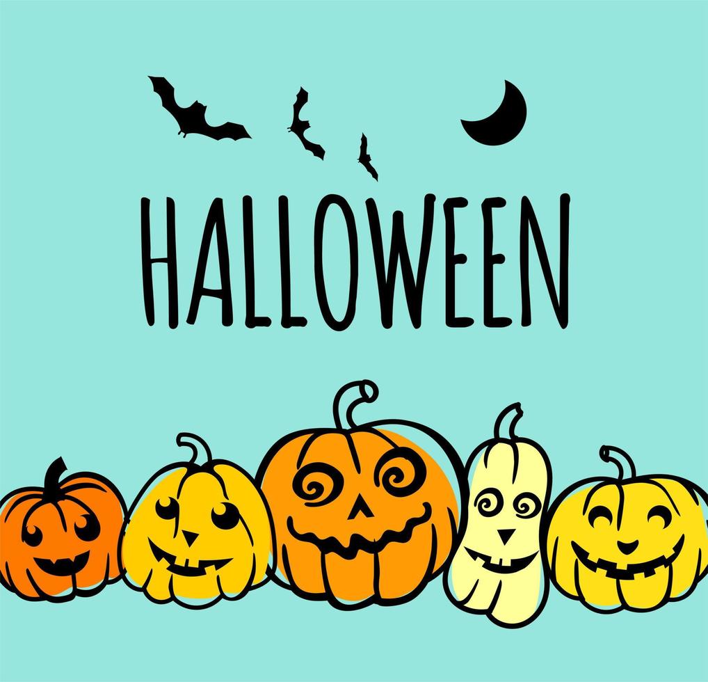 Halloween. A poster for the celebration of Halloween with ghosts, pumpkins, a black cat and bats on a beige background. For use in web design, postcards, posters, printing. Vector illustration.