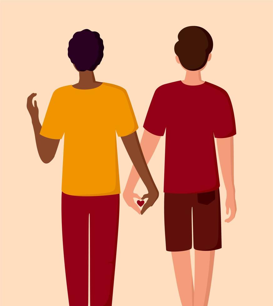 An interracial homosexual couple. Men holding hands.  The LGBT community and the concept of love. Vector illustration.