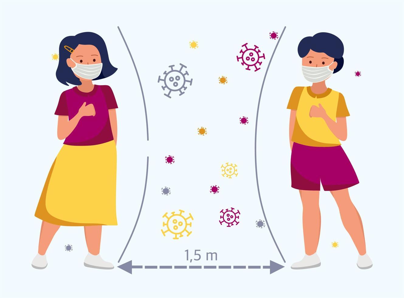 Social distance, keep a distance in society. The distance between children at school and kindergarten.  Stop the spread of the COVID-19 virus. Vector illustrations.