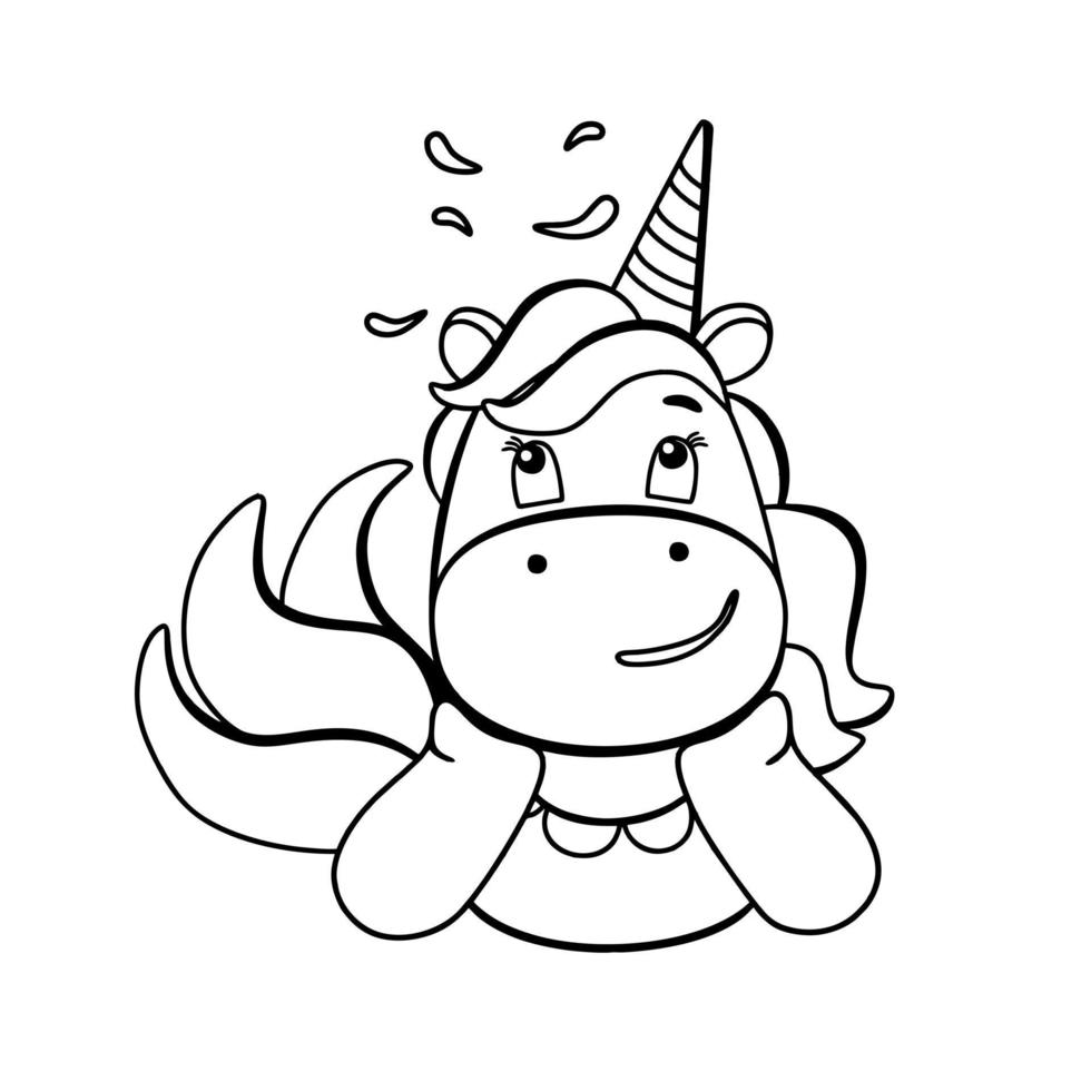 Funny unicorn coloring book. Cute thoughtful cartoon pony character in black and white style. For postcards, posters, book illustrations. Vector illustration in doodle style.