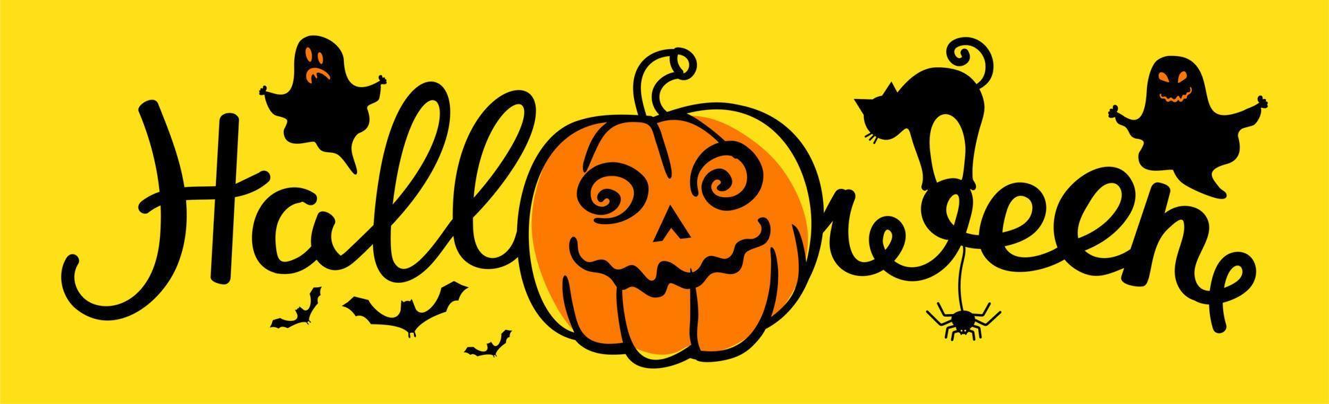 Halloween. A poster for the celebration of Halloween with ghosts, pumpkins, a black cat and bats on an orange background. For use in web design, postcards, posters, printing. Vector illustration.