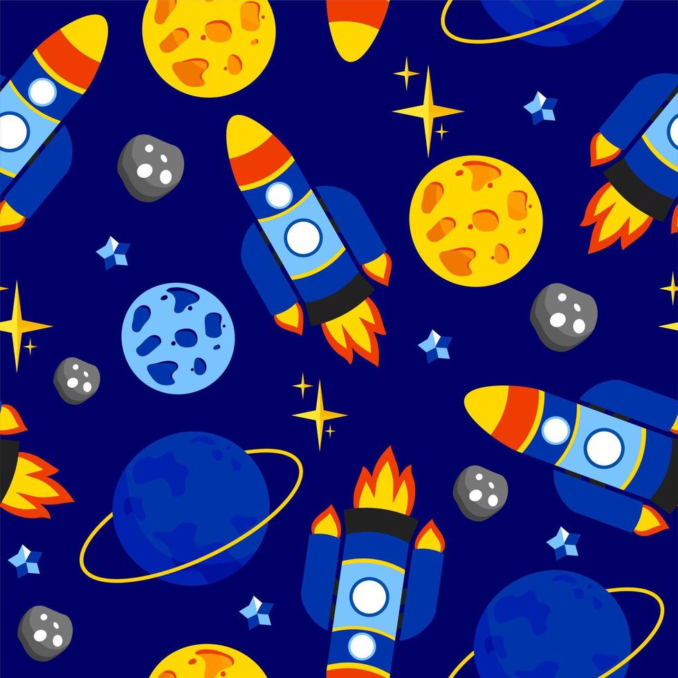 Rocket pattern with a planet stars and asteroids on a dark blue background. A spaceship. For use in printing on fabric postcards, posters. Vector illustration