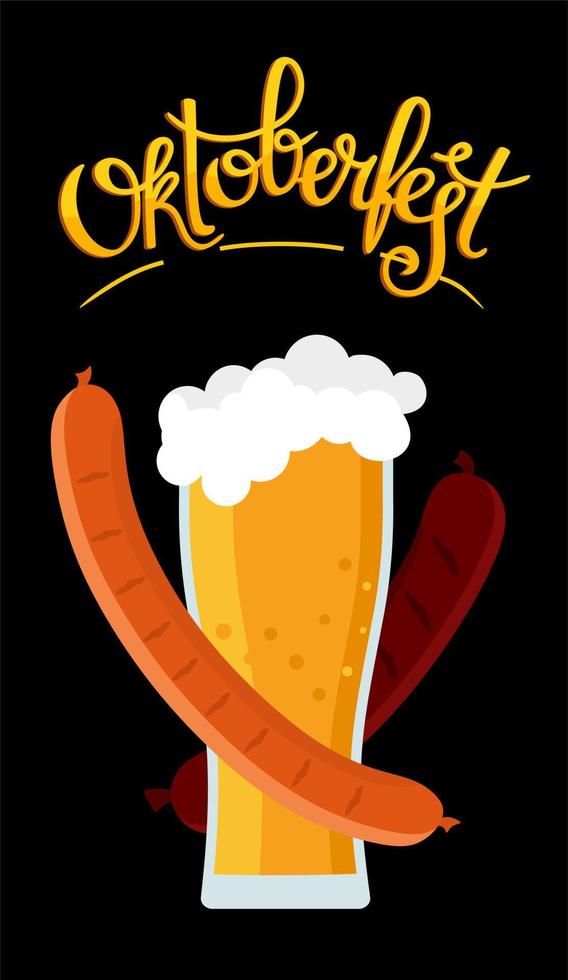 Oktoberfest banner. Handwritten inscription with the image of a beer mug with foam, pretzel and grilled sausage. vector