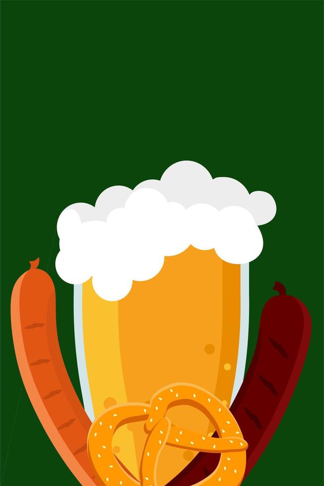 Oktoberfest banner. Handwritten inscription with the image of a beer mug with foam, pretzel and grilled sausage. vector