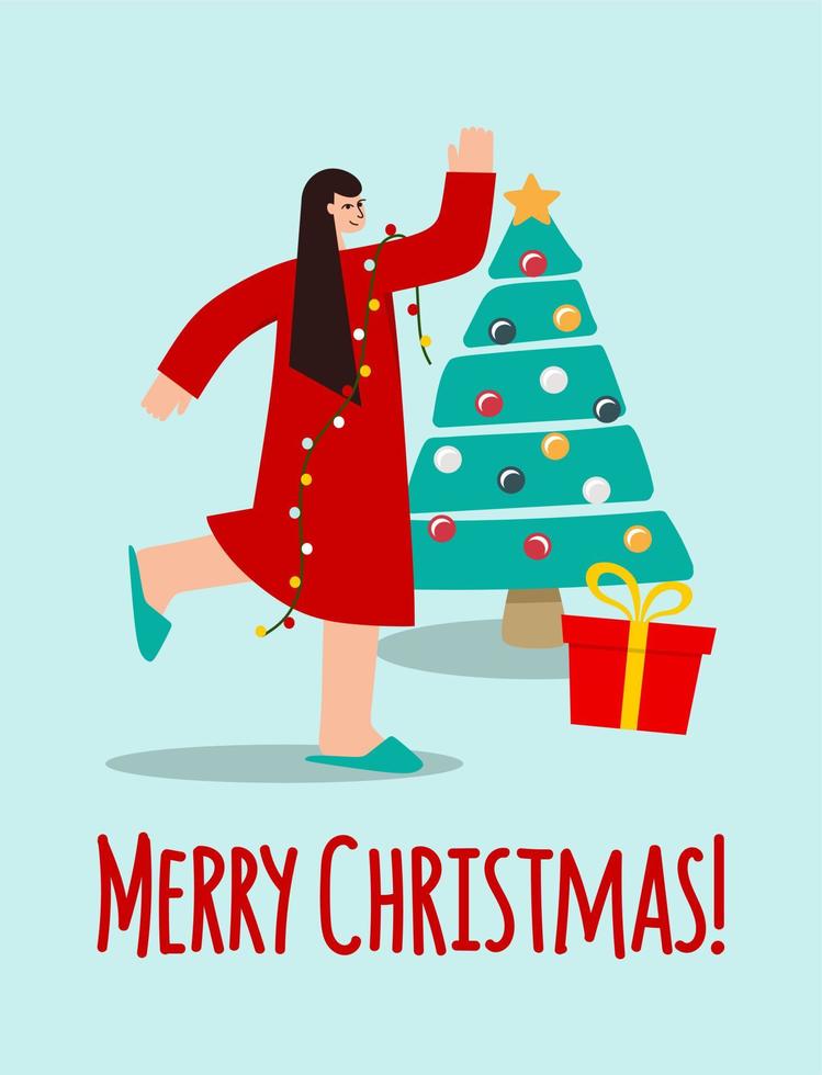 Christmas card with a girl decorating a Christmas tree. The concept of Christmas and New Year. vector