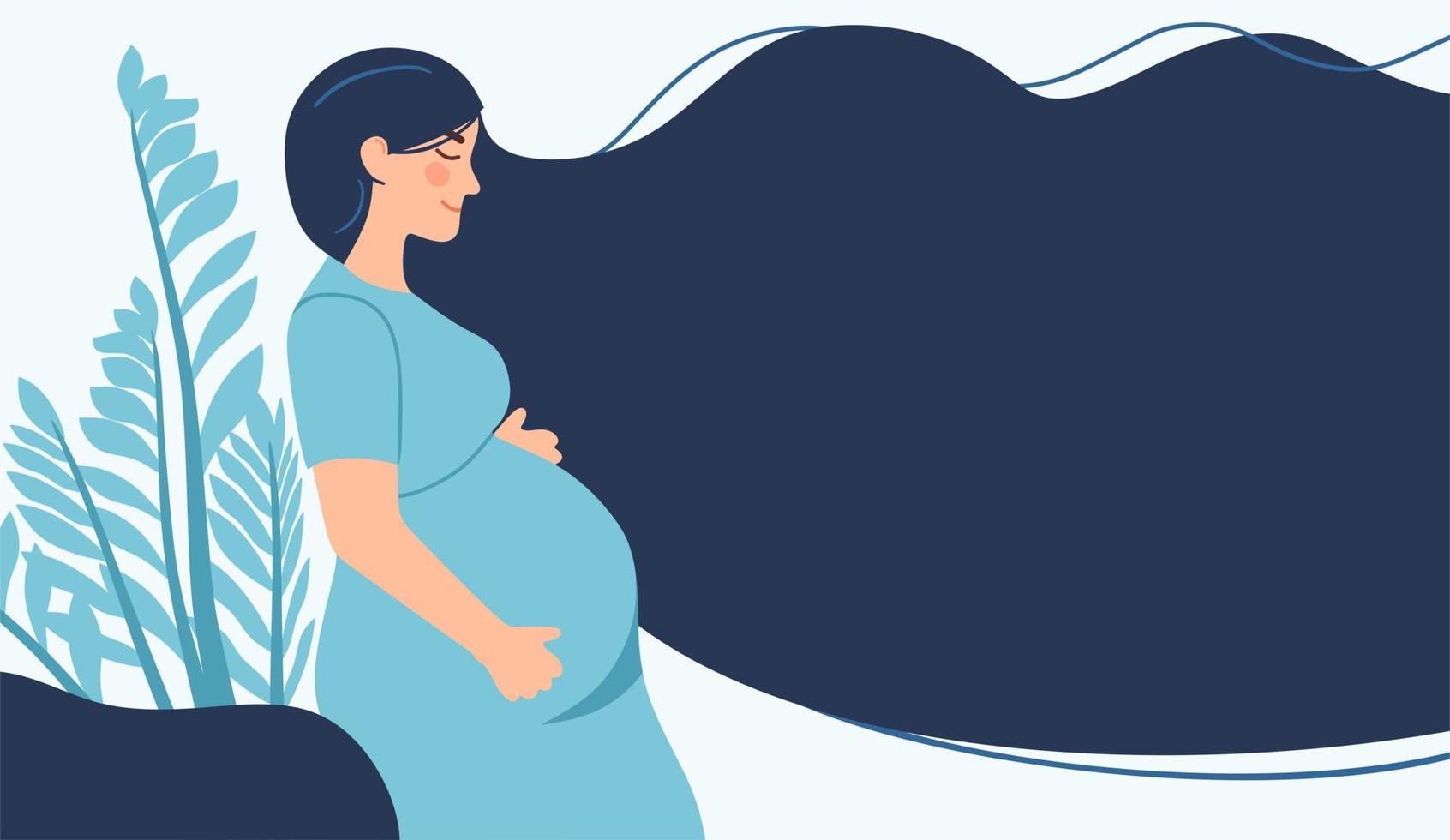 el embarazo. un afiche moderno con una linda mujer embarazada con el pelo largo y un lugar para el texto. vector