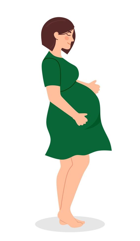 el embarazo. un afiche moderno con una linda mujer embarazada con un vestido verde. vector