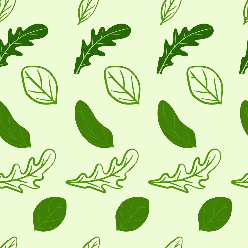 Arugula and basil leaves pattern on a light green background. For use on textiles, packaging paper, souvenirs, printing, posters, postcards. vector