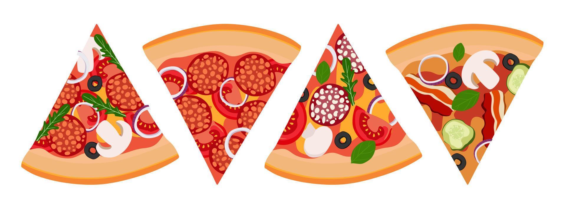 una porción de pizza de 4 piezas con salami, cebollas, tomates y aceitunas. ilustración vectorial un concepto para pegatinas, carteles, postales, vector