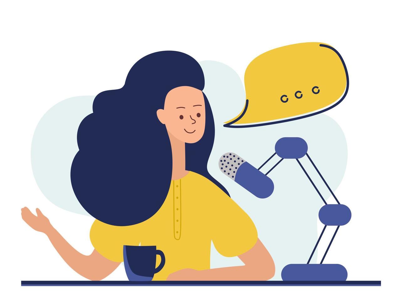 Podcast concept. An illustration about the podcast. A girl talking into a microphone and sitting at a table. Flat vector in a fashionable style.