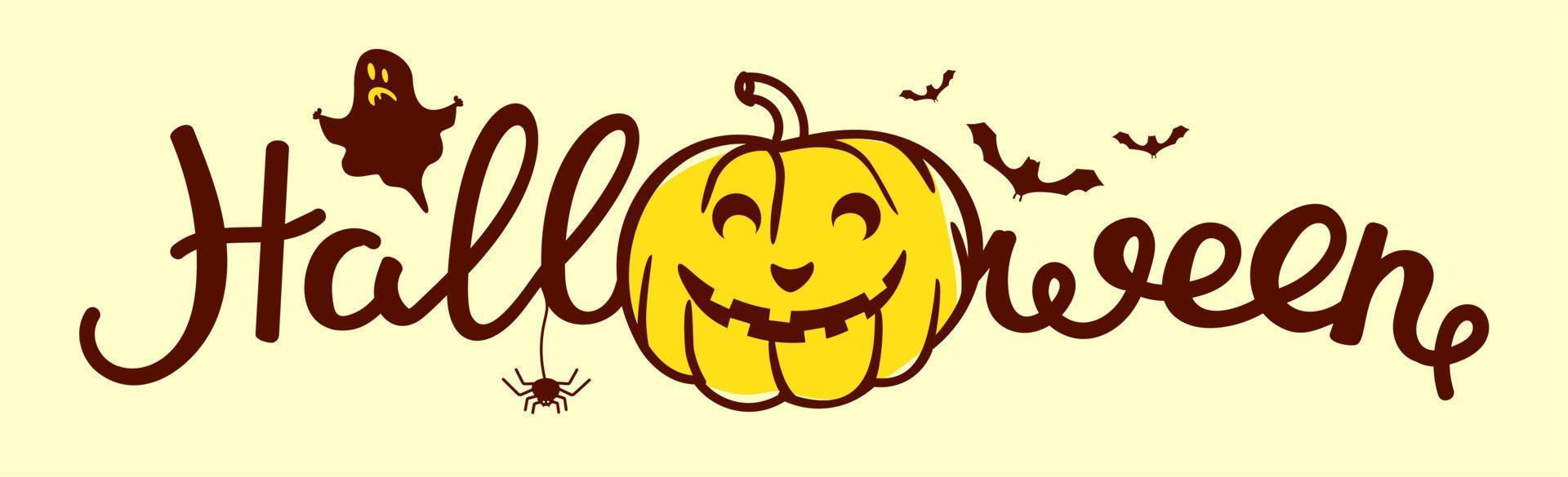 Halloween. A poster for the celebration of Halloween with ghosts, pumpkins, a black cat and bats on a beige background. For use in web design, postcards, posters, printing. Vector illustration.