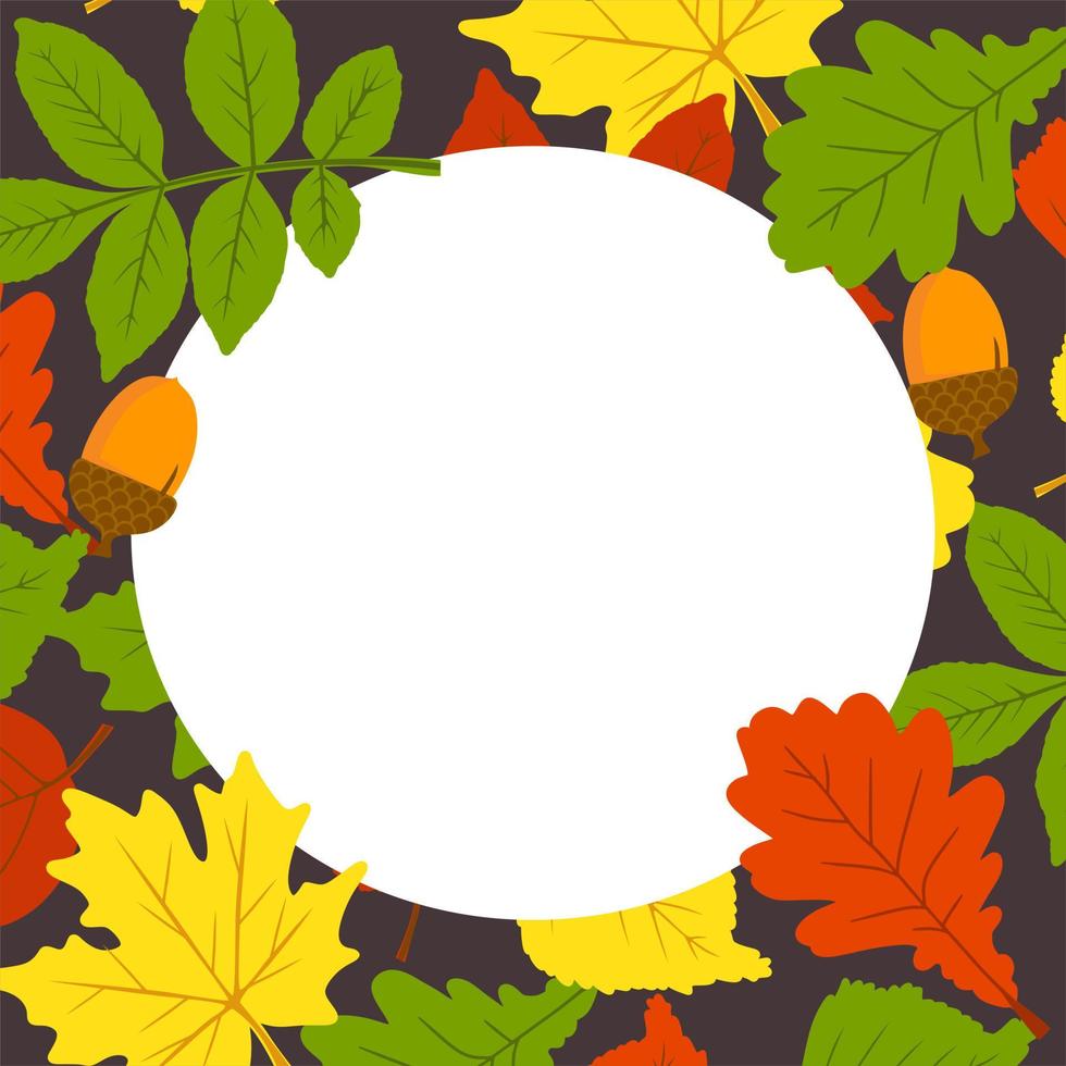 A frame made of autumn leaves. The leaves are oak, birch, aspen, maple. Autumn theme. Space for copying. Applicable for printing, posters, postcards, websites. Vector illustration.