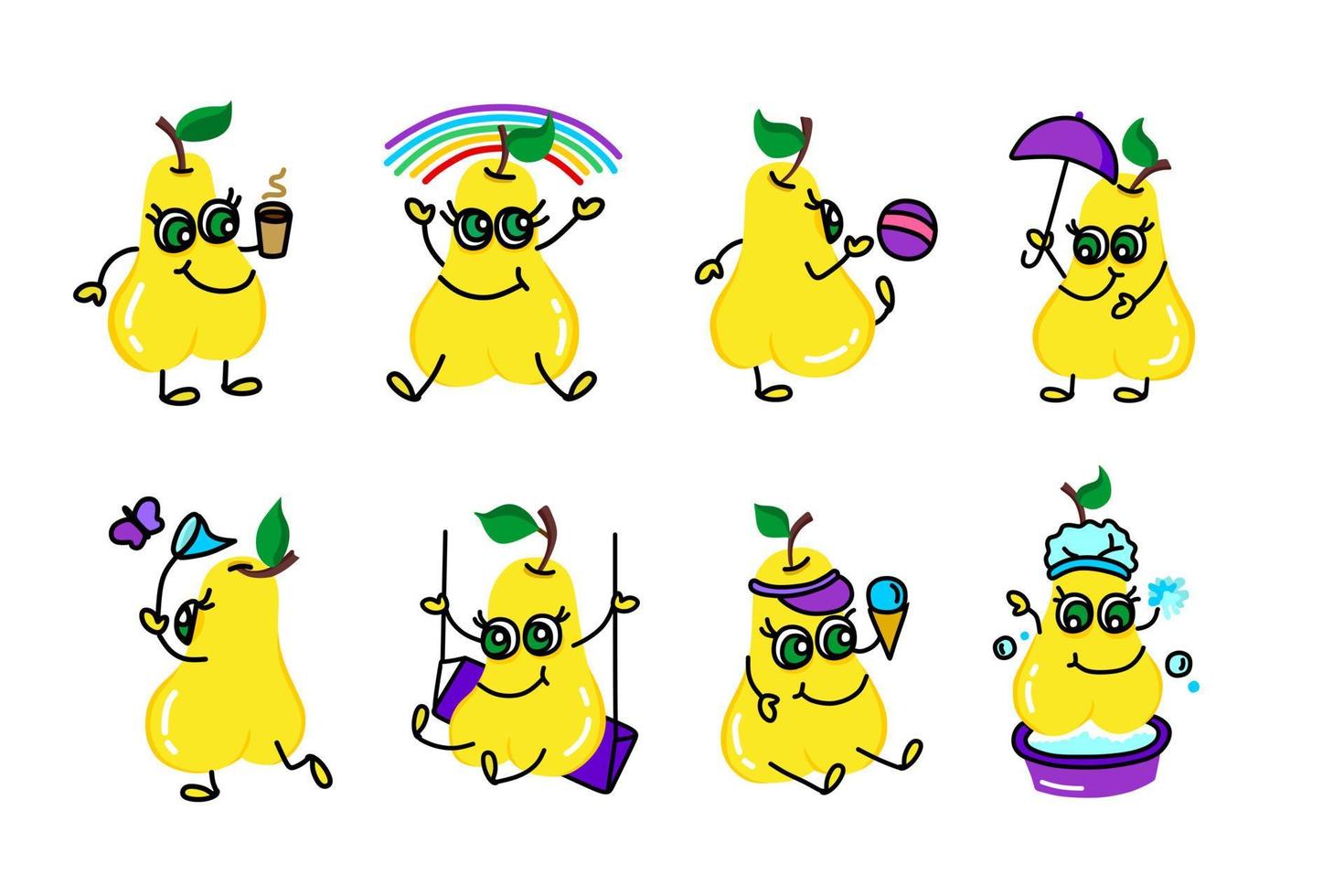 Funny pear in different poses with hands and feet set. Vector illustration.