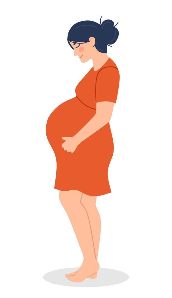 el embarazo. un afiche moderno con una linda mujer embarazada con un vestido naranja. vector