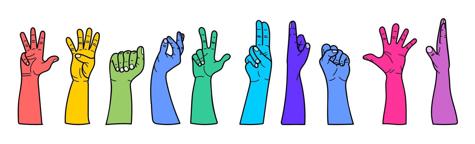 Hands with different gestures and different colors of the net. For use on textiles, packaging paper, souvenirs, printing, posters, postcards. vector