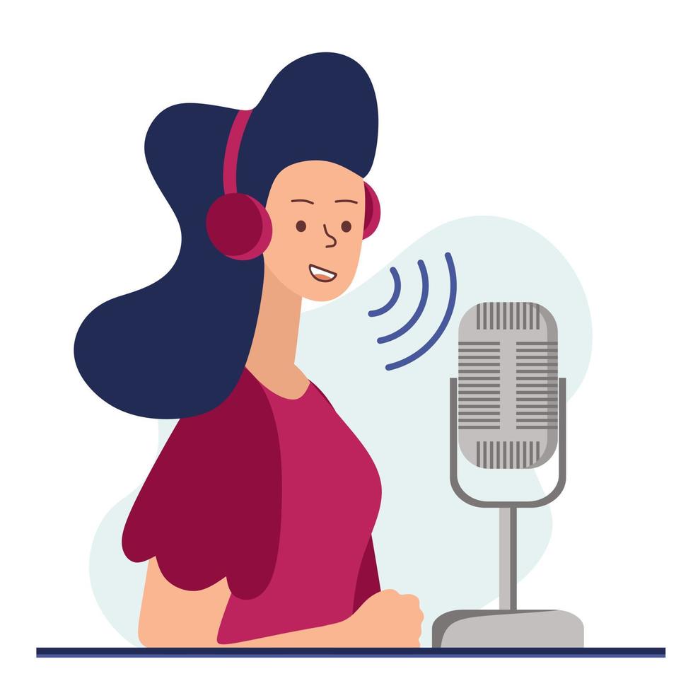 concepto de podcast. una ilustración sobre el podcast. una chica hablando por un micrófono y sentada en una mesa. vector plano en un estilo de moda.