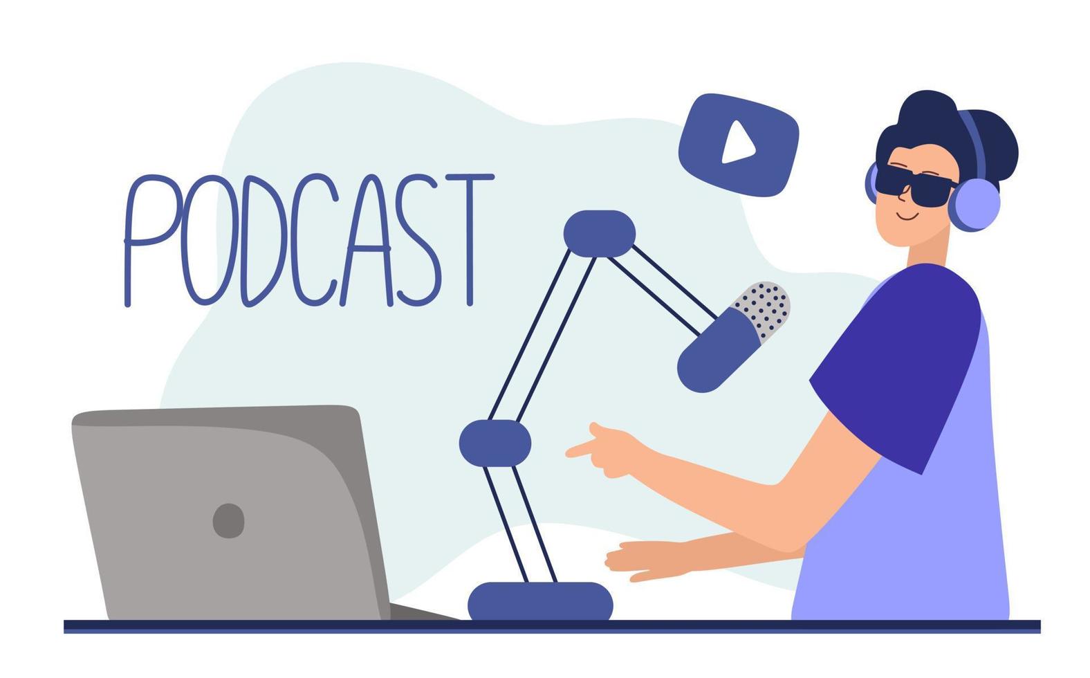 Podcast concept. An illustration about the podcast. A girl talking into a microphone and sitting at a table. Flat vector in a fashionable style.