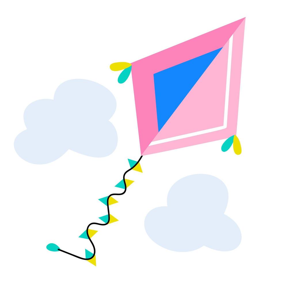 Colorful kite on a white isolated background with clouds. Vector illustration.