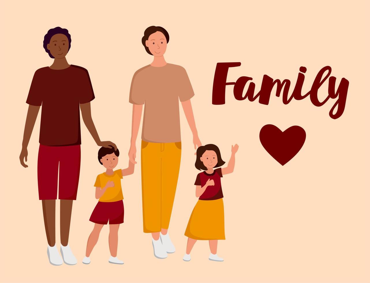 A family of gay men with a daughter and son. LGBT family. vector