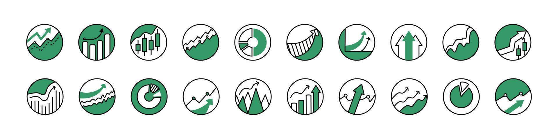 A set of icons for graphs and diagrams in a vector. Analytics and financial symbols are green. Vector illustration