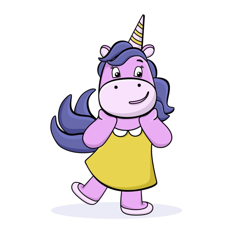 unicornio divertido con un vestido amarillo. lindo personaje de dibujos animados. para postales, carteles, ilustraciones de libros. ilustración vectorial en un estilo plano. vector