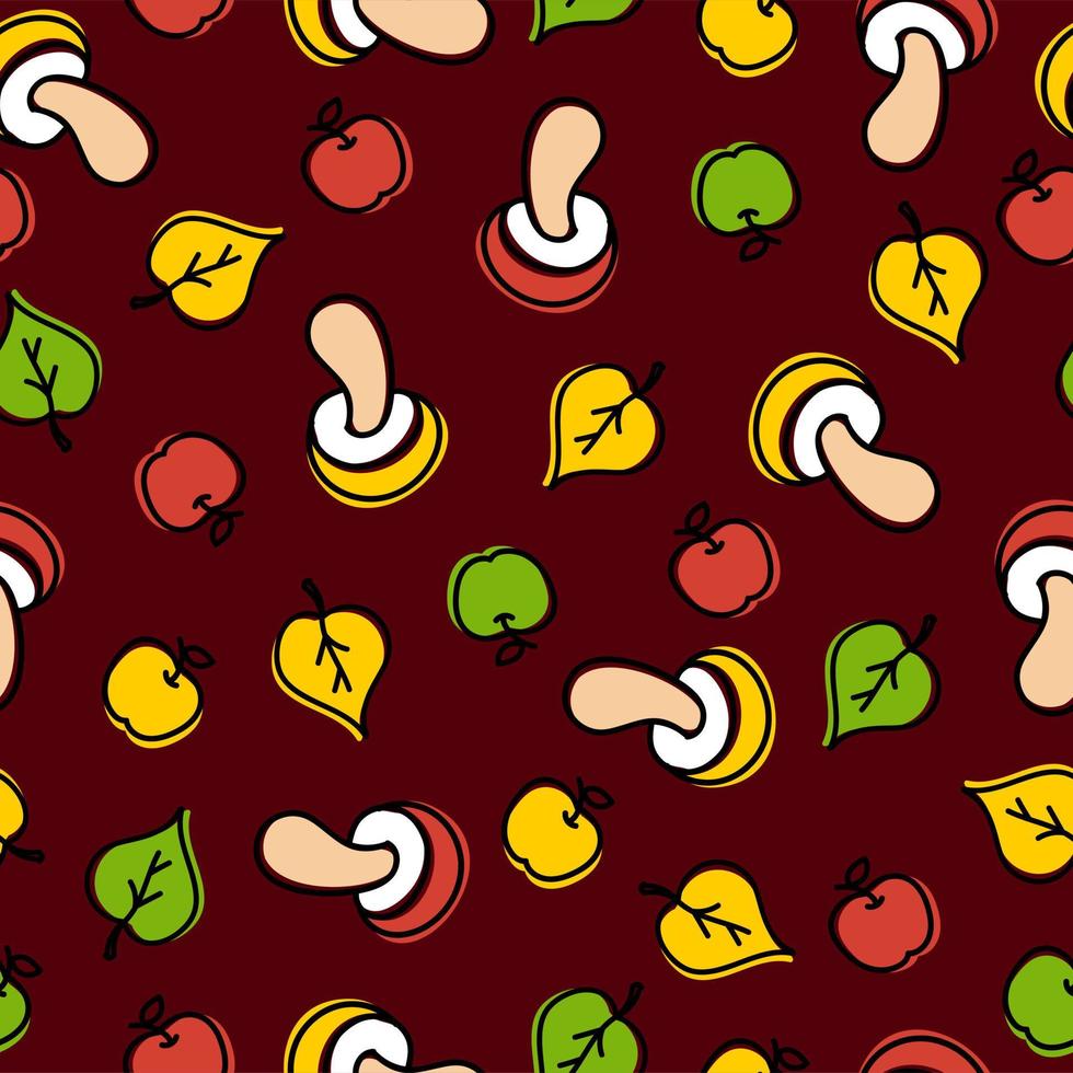 Autumn pattern on a brown background of different colors of mushrooms, leaves, apples. For use in printing on fabric postcards, posters. Vector illustration