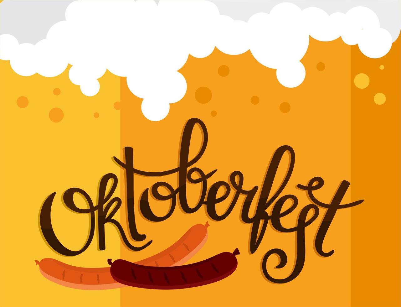 Oktoberfest banner. Handwritten inscription with the image of a beer mug with foam, pretzel and grilled sausage. vector