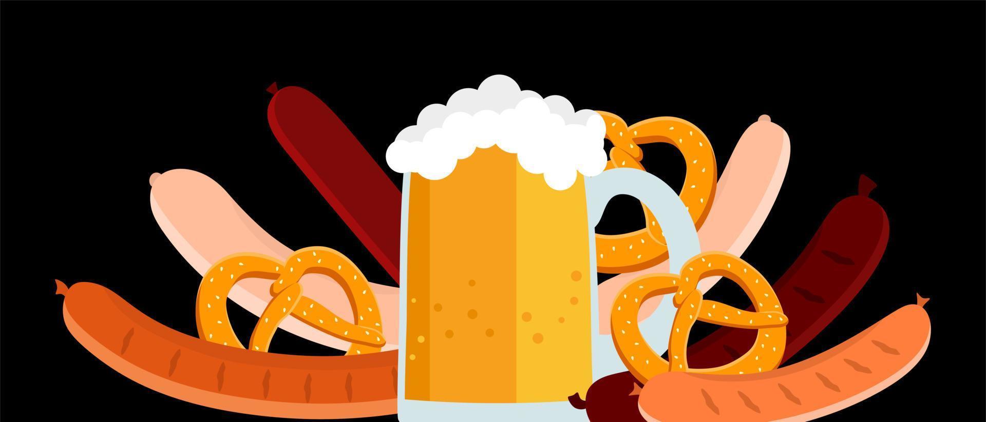 cerveza de afiche, pretzel, vector de salchichas bávaras en un estilo plano. Oktoberfest. ilustración vectorial para carteles de aplicaciones móviles, postales.