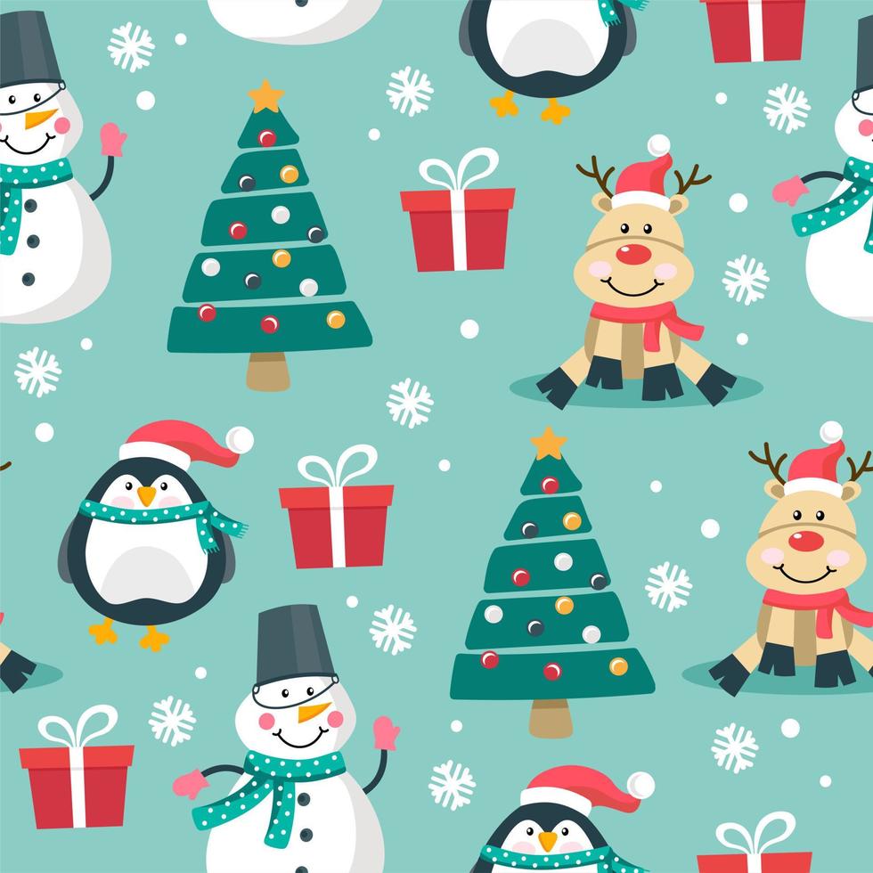patrón de navidad con un árbol de navidad con regalos de un ciervo y un muñeco de nieve. el concepto de navidad y año nuevo. ilustración vectorial en un estilo plano. vector