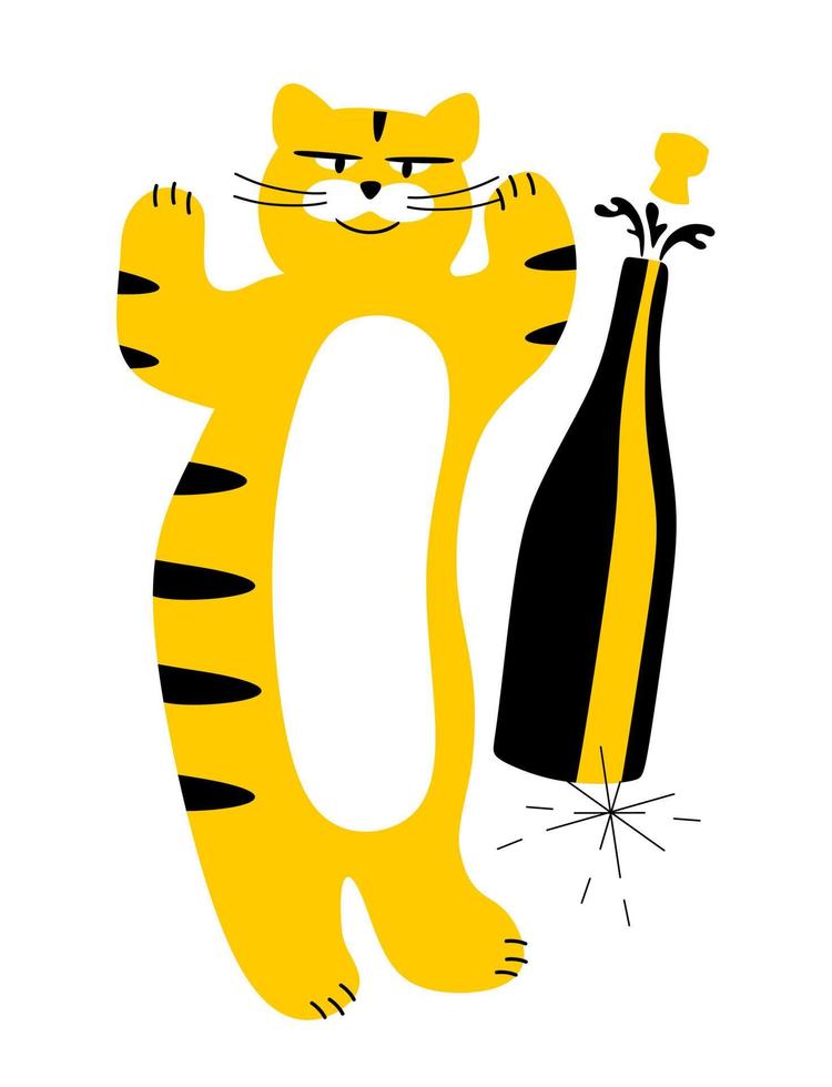 The tiger is a cheerful symbol of the year 2022 with a bottle of champagne and sparklers. The concept of Christmas and New Year. A postcard and a poster. vector