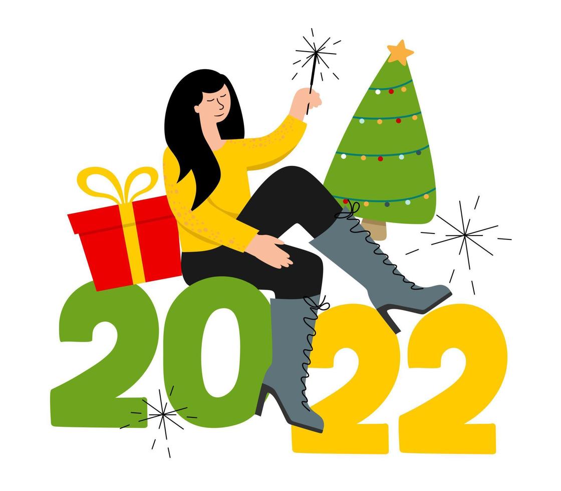 A girl is sitting with a sparkler. The concept of Christmas and New Year. 2022, a postcard and a poster. Vector illustration.