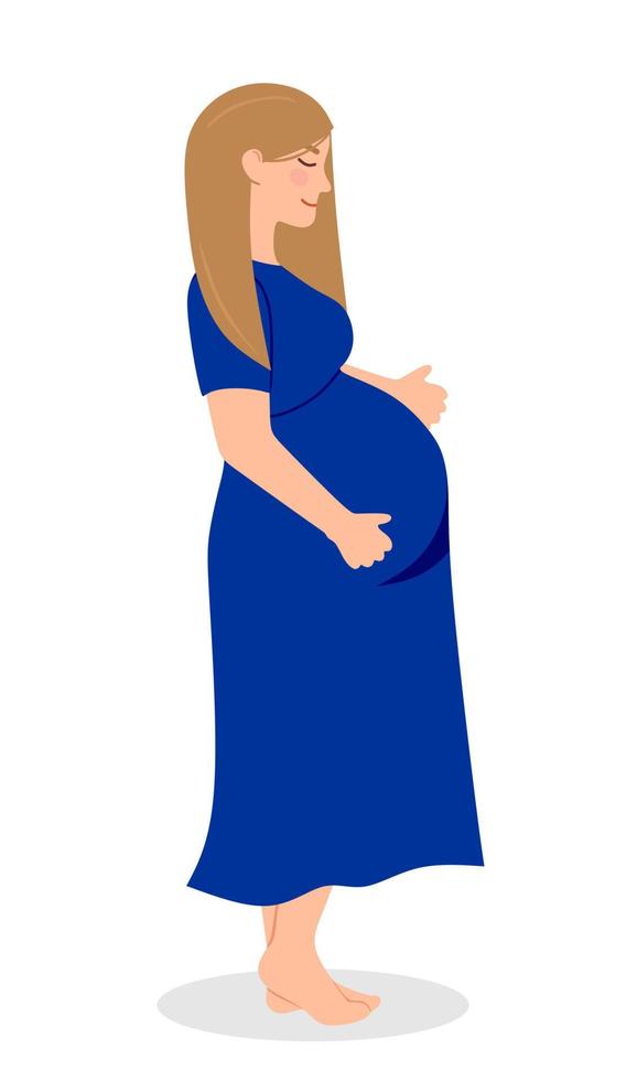 el embarazo. un afiche moderno con una linda mujer embarazada con un vestido azul. ilustración vectorial vector