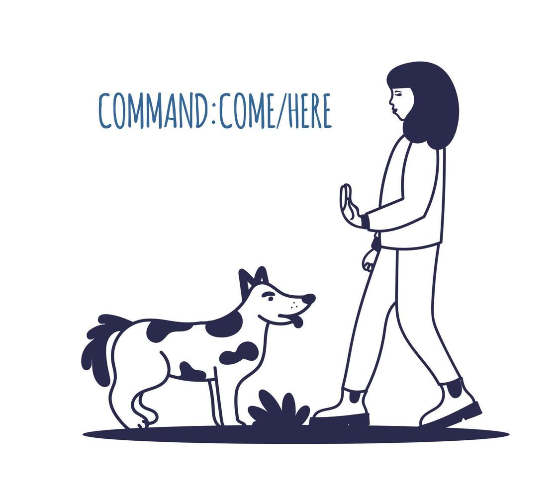 entrenamiento canino. la mascota ejecuta el comando ven aquí. el proceso de formación. un simple icono, símbolo, signo. ilustración vectorial editable vector