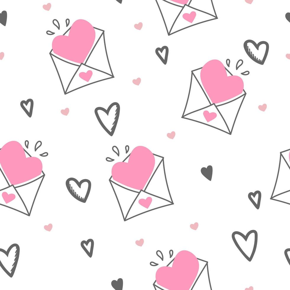 Seamless pattern of Valentine envelopes on a white background. Use on Valentines Day on textiles, wrapping paper, backgrounds, souvenirs. Vector illustration