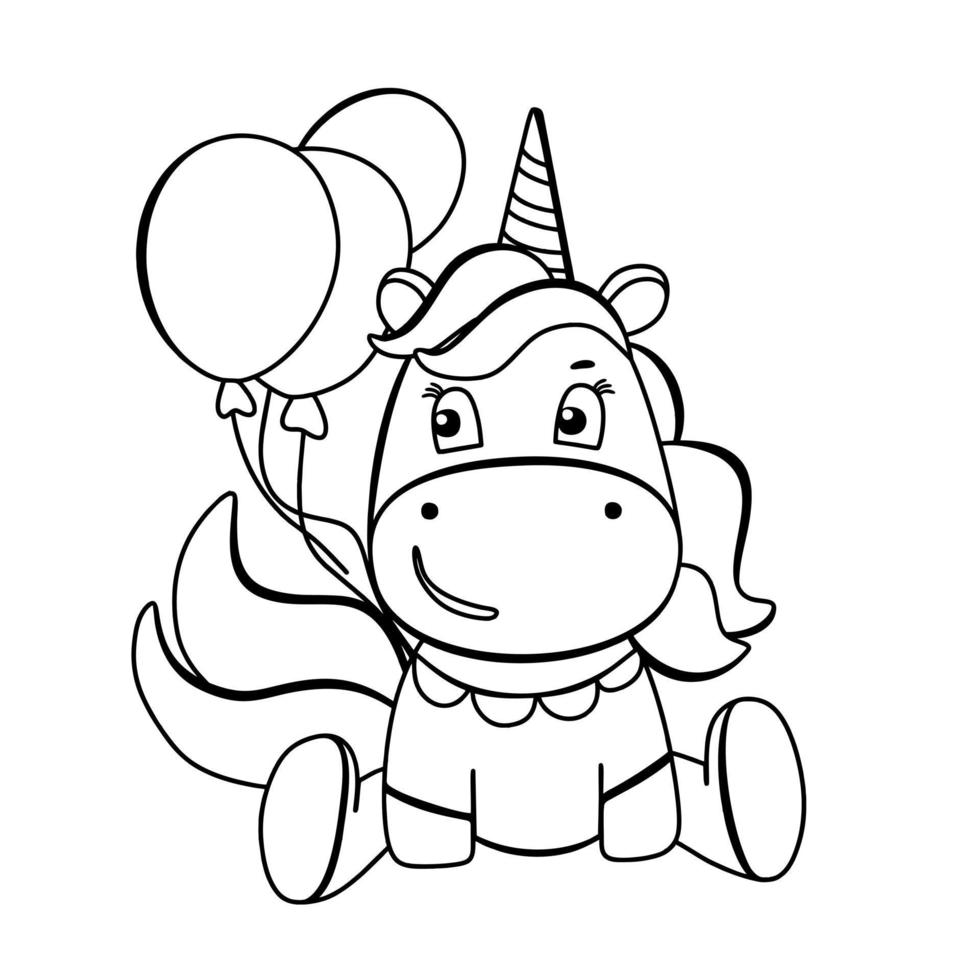 Funny unicorn with balloons coloring book. Cute cartoon pony character in black and white style. For postcards, posters, book illustrations. Vector illustration in doodle style.