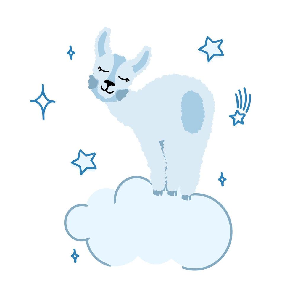 Alpaca llama is funny on a white background with closed eyes and stars. For printing on textiles, souvenirs and posters. Vector illustration.