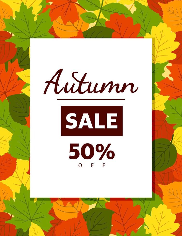 A frame made of autumn leaves. The leaves are oak, birch, aspen, maple. Autumn theme. Space for copying. Applicable for printing, posters, postcards, websites. Vector illustration.